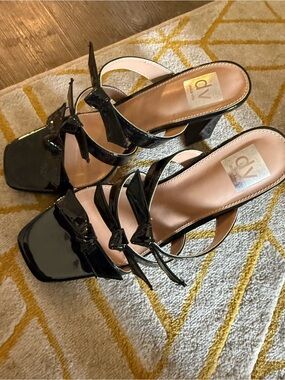 Dolce Vita Black Patent Bow-Trim Block Heel Mules